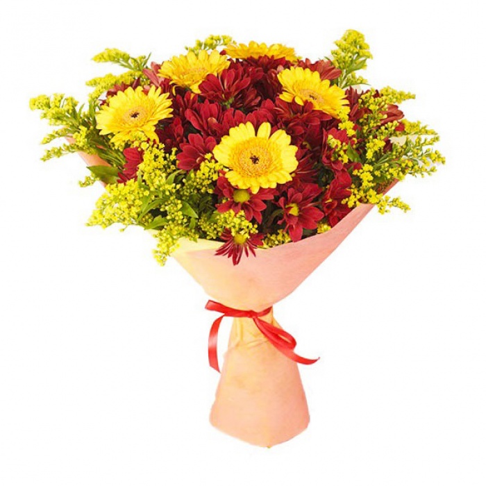 Букет «5 гербер, 5 хризантем, 5 солидаго»